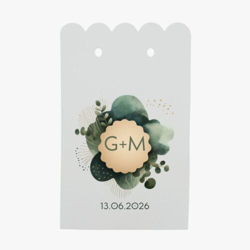 Porta confetti foglie verdi esclusivo GoyStudio. Design botanico unico, illustrazioni originali, carta eco-friendly.