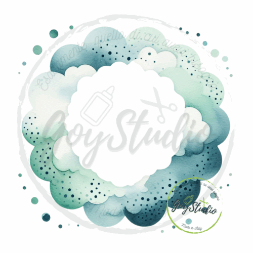 grafica acquerello digitale puntini decorativi cornice circolare nuvole azzurre moderne
