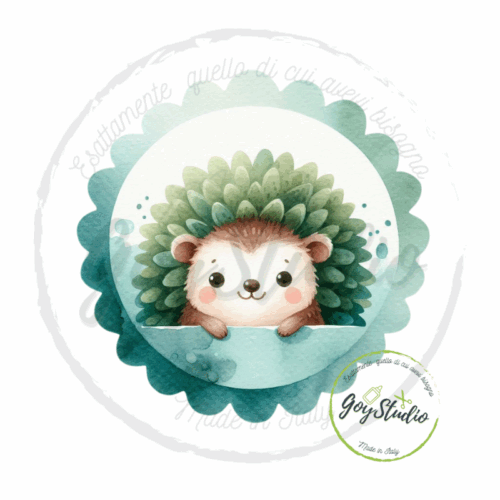 rafica digitale riccio curioso clipart animaletto che si affaccia cornice scalloped verde