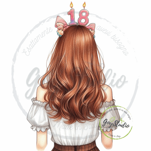Grafica digitale 18 anni ragazza elegante capelli castani candeline rosa