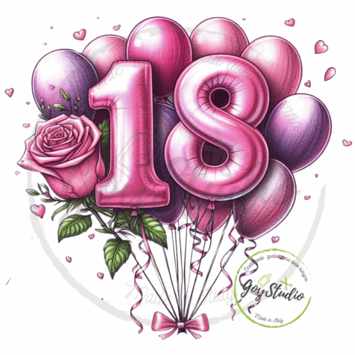 Grafica digitale 18 anni con palloncini rosa e viola, numero diciotto balloon style, rose e cuoricini