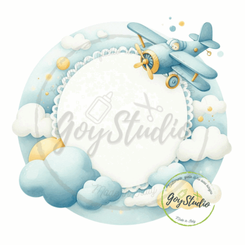 Grafica digitale aeroplano azzurro baby maschietto con nuvole soffici e cornice decorativa
