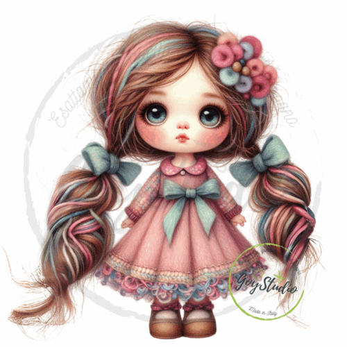 Bambola kawaii grafica digitale capelli multicolore vestito rosa