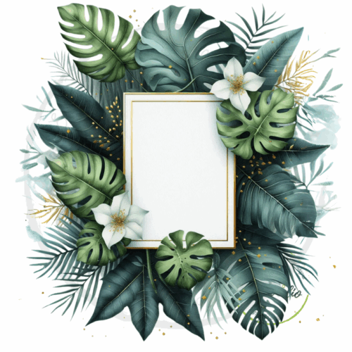 Grafica digitale cornice tropicale per inviti matrimonio botanici eleganti. Perfetta per segnaposto, tableau, menù e Save the date.