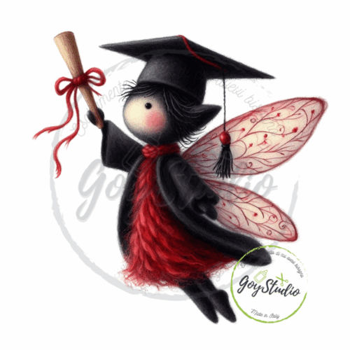 Grafica digitale fatina laurea con ali rosse trasparenti, tocco nero e pergamena con fiocco