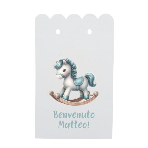 scatolina nascita cavallino a dondolo celeste con stampa personalizzata con nome bambino
