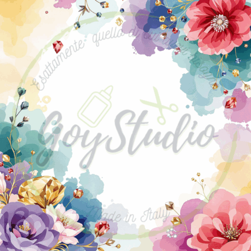 Grafica digitale floreale acquerello con rose coral peonie viola foglie verdi dettagli dorati per matrimoni battesimi