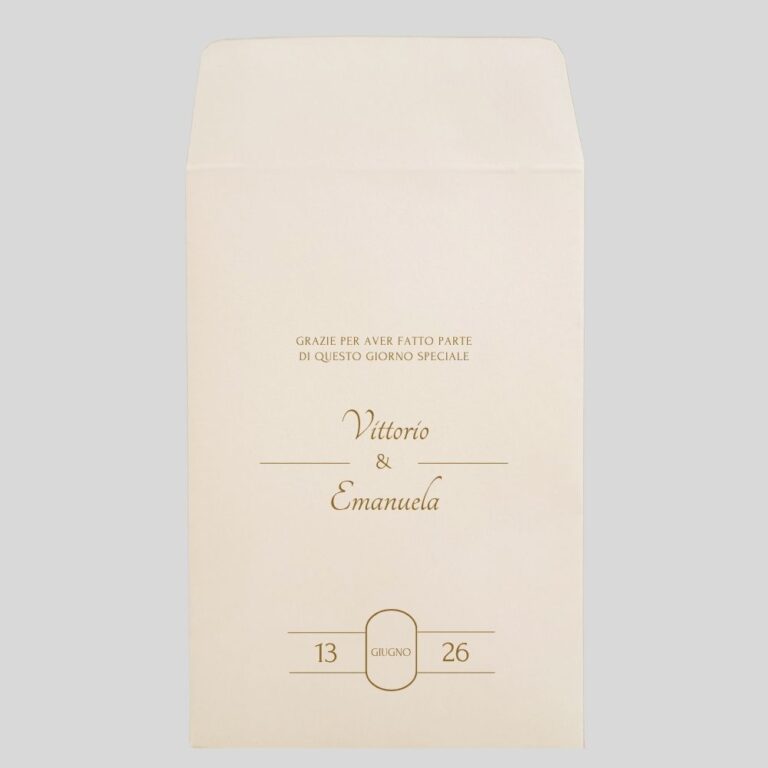 sacchetto avorio con stampa color seppia per confettate di matrimonio, nomi degli sposi e data
