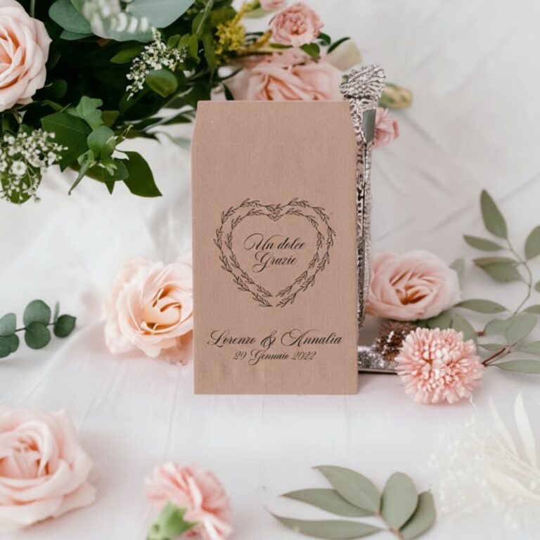 Sacchetto carta kraft per confetti con stampa frase e nomi sposi