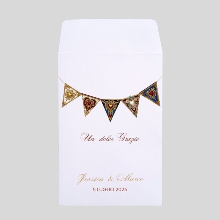 sacchetti confettata con bandierine in stile barocco e stampa nomi degli sposi