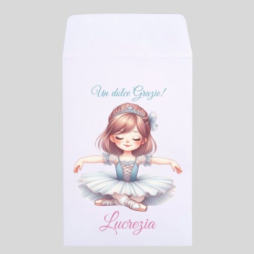 Sacchetto confetti ringraziamento ballerina tutù azzurro personalizzato Lucrezia dolce grazie