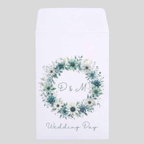 Sacchetto confetti matrimonio ghirlanda verde fiori personalizzato iniziali D M wedding day