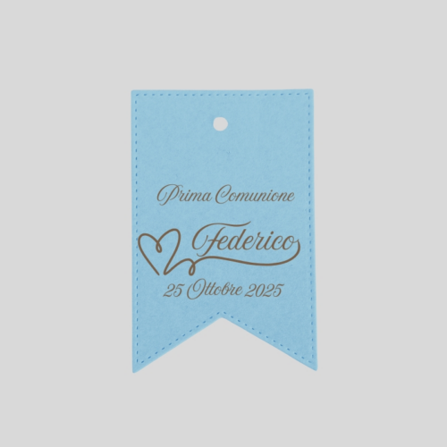 Tag Prima Comunione personalizzato celeste con cuore.