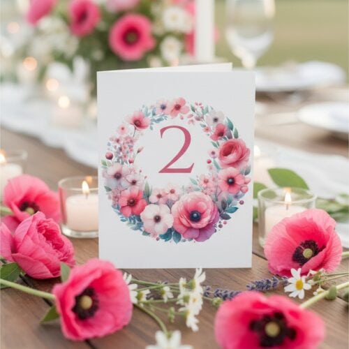 Segnatavolo matrimonio Papaveri con ghirlanda ovale di papaveri e fiori acquerello rosa coral rosa chiaro foglie verde acqua, carattere calligrafico nero, cartoncino artigianale GoyStudio