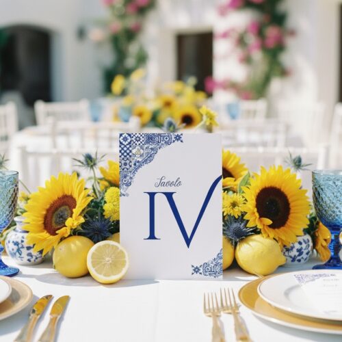 Segnatavolo matrimonio Azulejos con mattonelle blu stile portoghese giallo limone carattere calligrafico blu navy, cartoncino artigianale GoyStudio