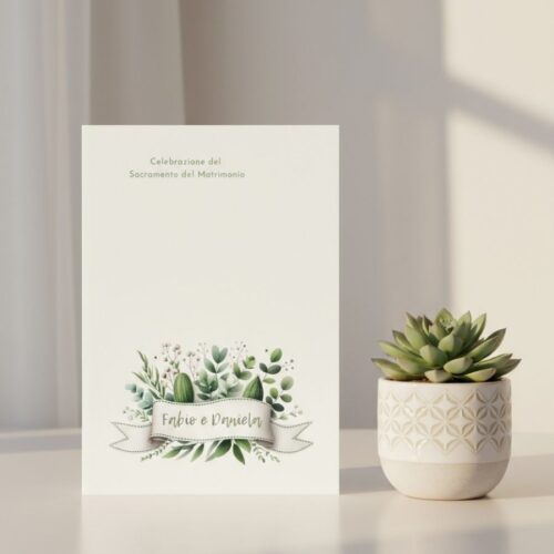 Libretto messa matrimonio botanico stile minimal con eucalipto e verde salvia