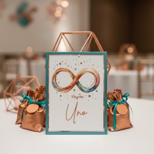 Segnatavolo matrimonio moderno Infinito con simbolo infinito acquerello rame turchese, cornice turchese, cartoncino artigianale GoyStudio