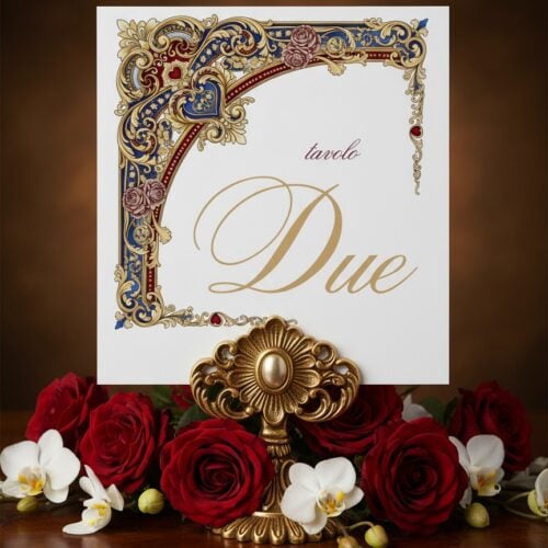 Segnatavolo matrimonio barocco moderno con cornice elaborata oro blu navy bordeaux dettagli floreali, carattere calligrafico elegante, cartoncino artigianale GoyStudio