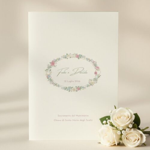 Libretto messa matrimonio Biedermeier con corona di fiori rosa e bianca