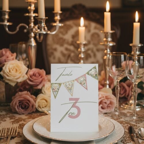 Segnatavolo matrimonio romantico Biedermeier con bandierine decorative motivi floreali vintage verde oliva rosa antico, carattere calligrafico delicato, cartoncino artigianale GoyStudio