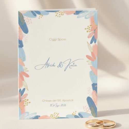 Libretto messa matrimonio blu pesca oro con pennellate moderne