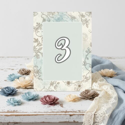 Segnatavolo matrimonio shabby chic Aquatint con cornice floreale botanica vintage effetto acquatinta azzurro acqua beige grigio tortora, cartoncino artigianale GoyStudio