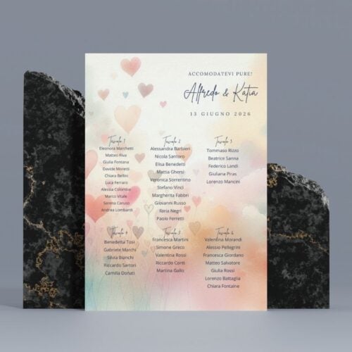 Tableau de mariage cuori acquerello personalizzato rosa azzurro pesca supporto rigido 50x70 cm