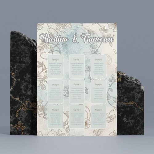 Tableau de mariage elegante Aquatint con palette pastello azzurro beige grigio perla e albero della vita, stampa su supporto rigido 50x70 cm