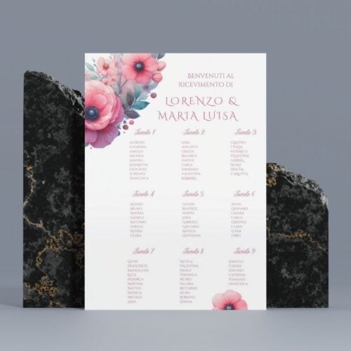cartello tavoli matrimonio con fiori di papavero