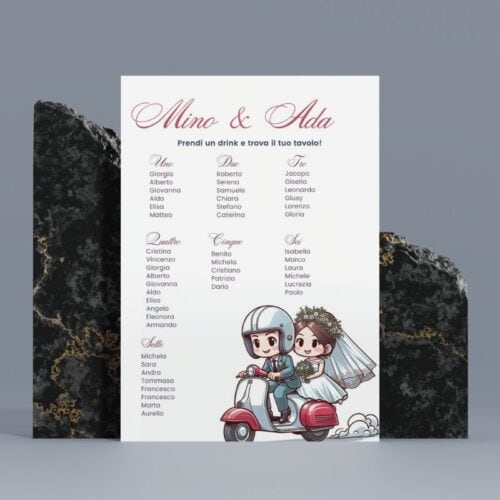 tableau de mariage con sposini sulla vespa colori vintage