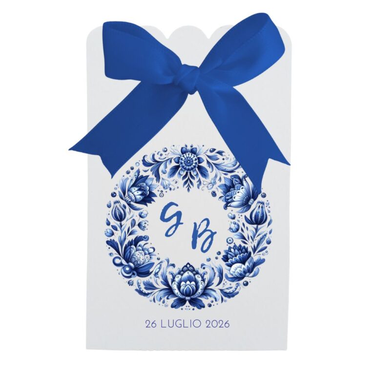 Scatolina portaconfetti con ghirlanda blu delft stile olandese, personalizzata con iniziali e data matrimonio