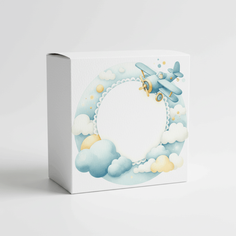 scatolina portaconfetti battesimo bambino in cartoncino bianco con illustrazione aeroplano azzurro tra le nuvole