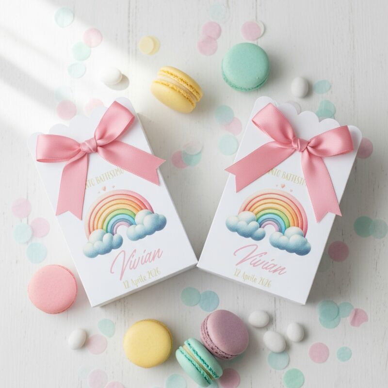portaconfetti personalizzata nascita o battesimo a tema arcobaleno con nome e data