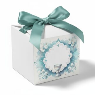 bomboniera comunione azzurra con calice e spazio al centro per la personalizzazione